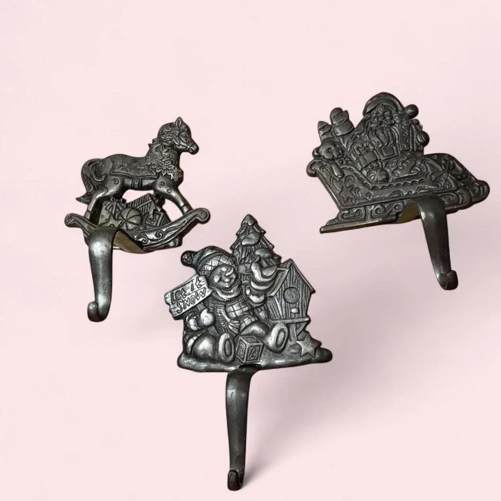 Vintage Cast Iron Christmas Wall Hooks Santa Sleigh Snowman Rocking Horse 3pc